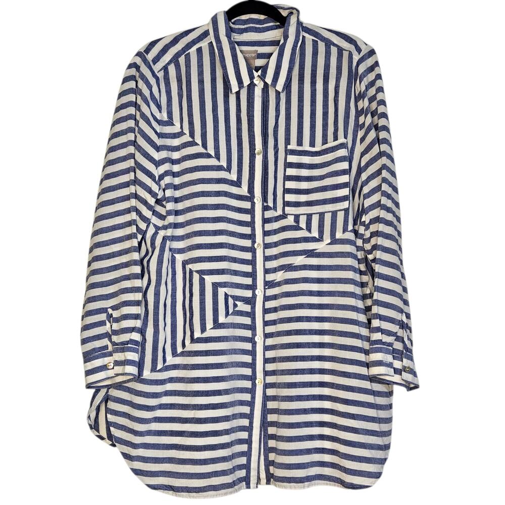 Chicos Blue White Striped Tunic button down blouse size 3 16/18